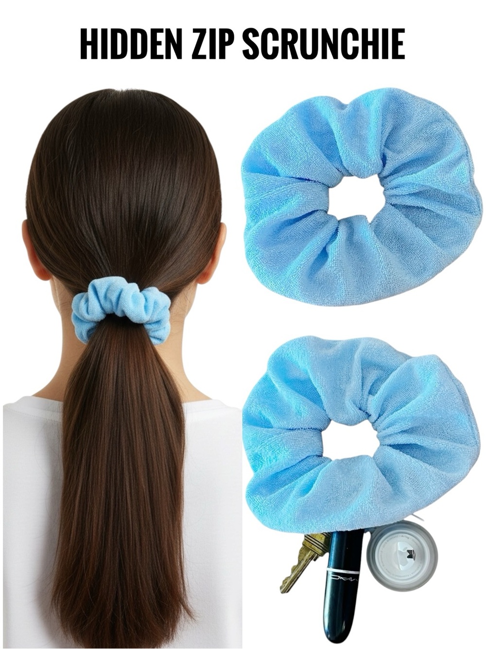 Light Blue Terry Cloth Hidden Zipper Storage Pocket Secure Compartment Scrunchie